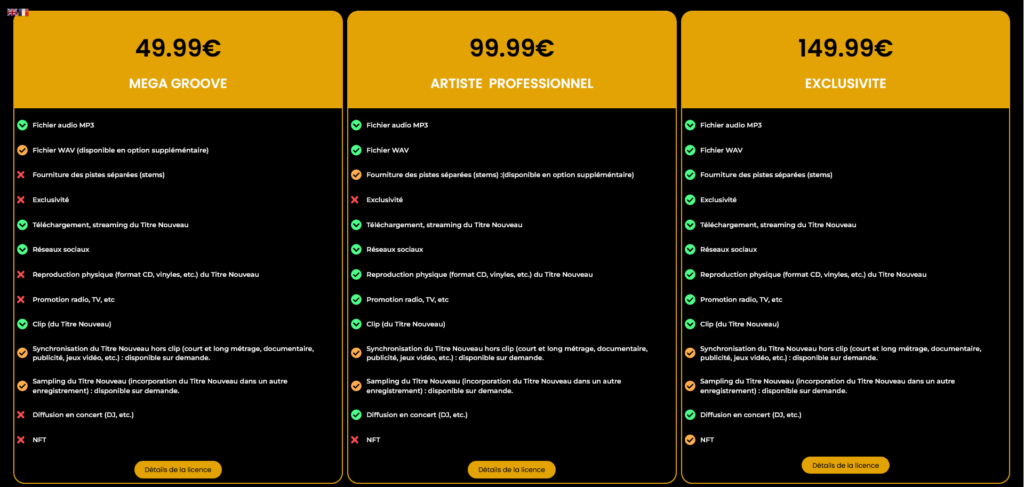 Comparaison des offres musicales : Mega Groove, Artiste Professionnel et Exclusivité. Découvrez les différents services inclus dans chaque forfait : production, diffusion, droits, etc.